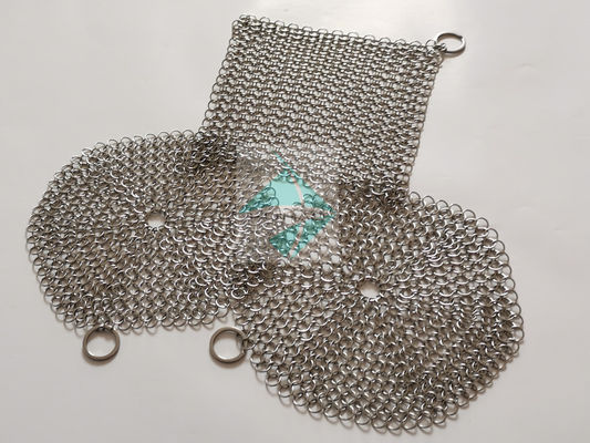 Fregadores de malla de anillos de acero inoxidable de 7" X 7" para utensilios de cocina de hierro fundido